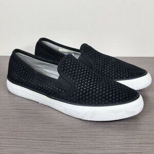 Sperry Top Spider Seaside Sneaker, Black Embossed Suede, Womens Size 7.5 M / 38